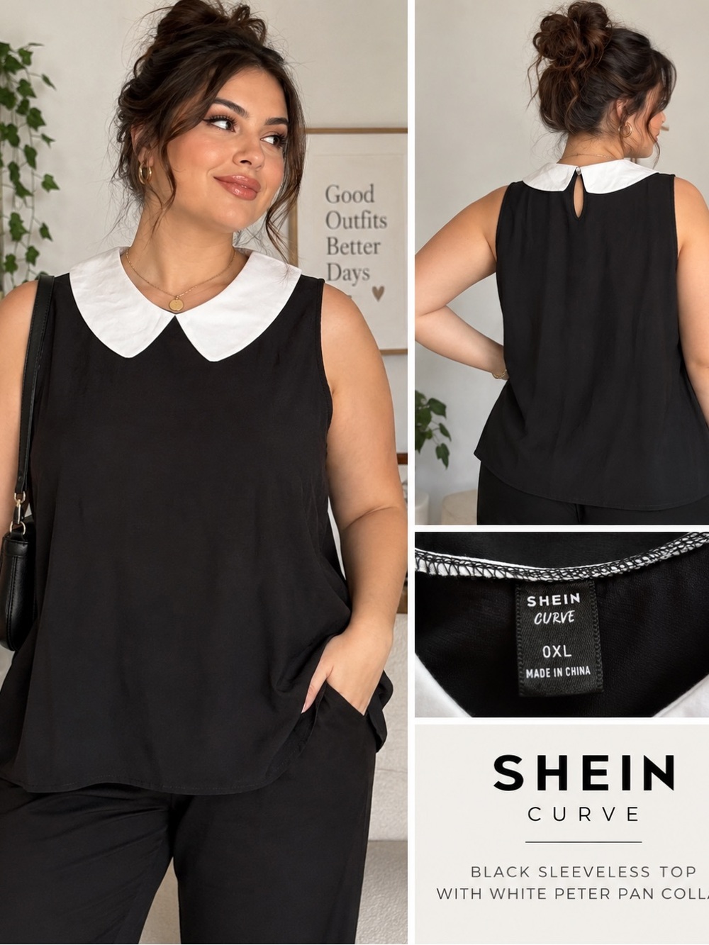 SHEIN Curve Black White Peter Pan Collar Blouse Top 0XL